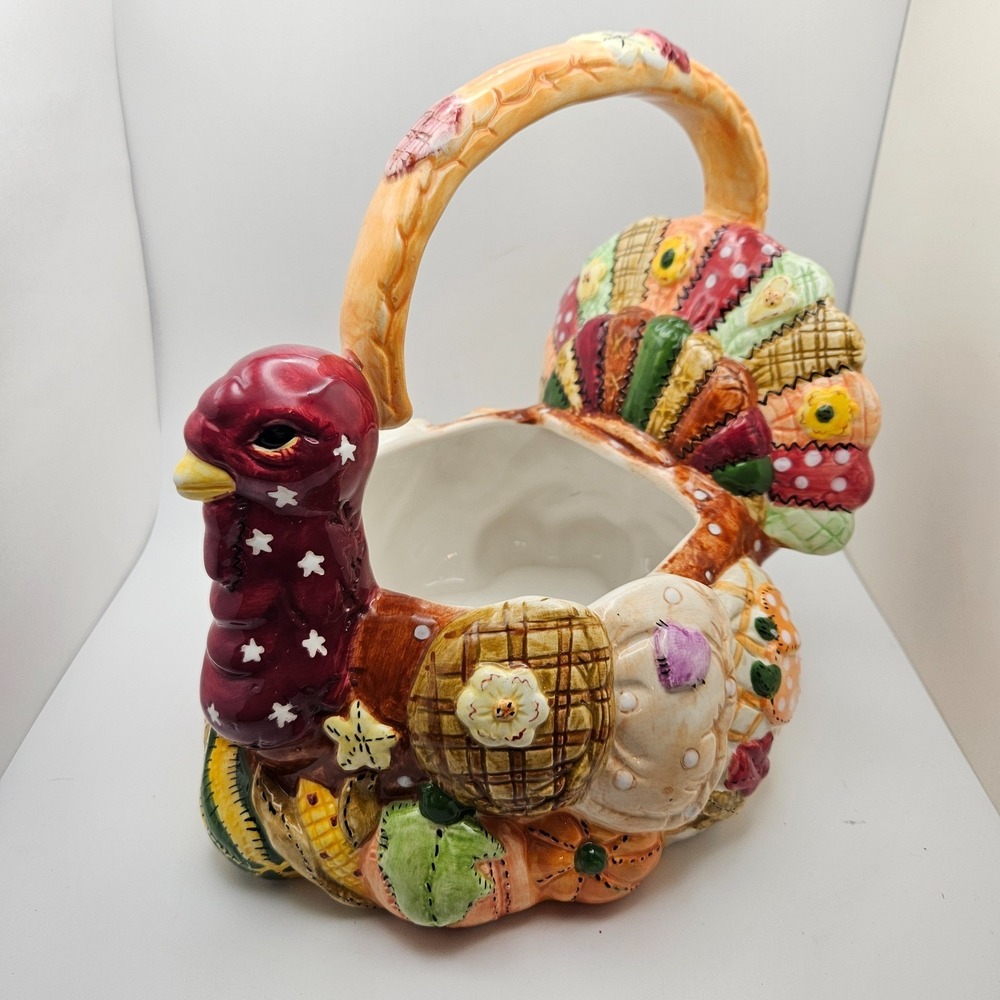 Vintage WCL Turkey Ceramic Basket Planter Fall  Patchwork Thanksgiving Decor